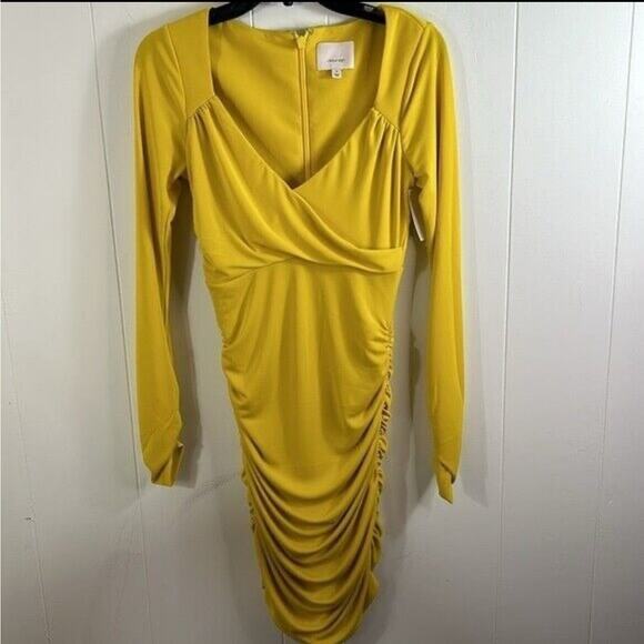 NWOT cinq a sept Women's Yellow Miah Long Sleeves Ruched Mini Dress Size 2 - Picture 3 of 7